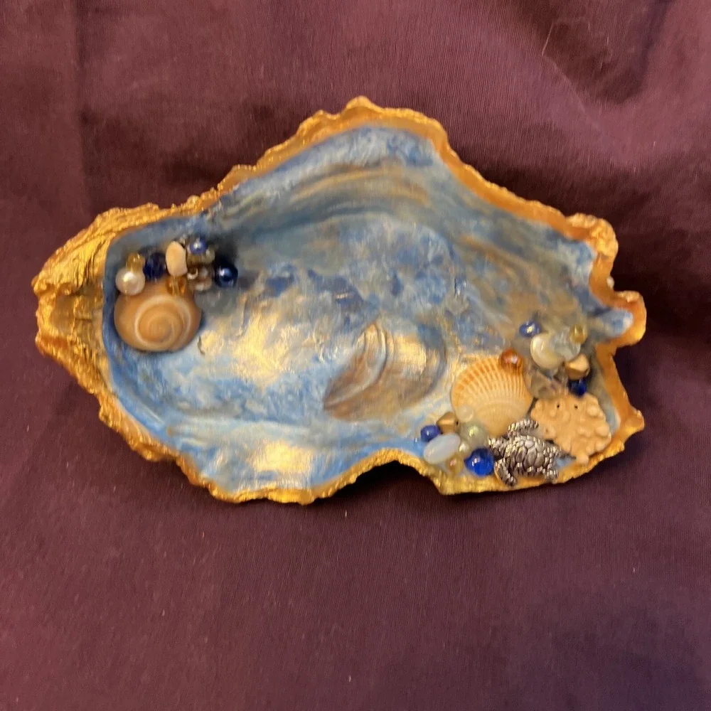 Hand Painted and Decorated Oyster Shell - Makes Great Ring Holder